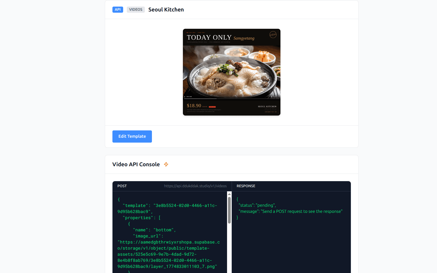 Video Template Detail with API Console
